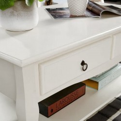 Masuta cafea 100x60x49 cm, picioare lemn pin alb, MDF, 2 sertare, raft depozitare