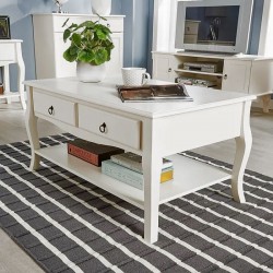 Masuta cafea 100x60x49 cm, picioare lemn pin alb, MDF, 2 sertare, raft depozitare
