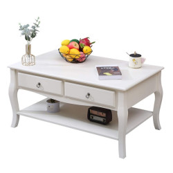 Masuta cafea 100x60x49 cm, picioare lemn pin alb, MDF, 2 sertare, raft depozitare
