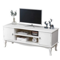 Comoda TV 120x40x50 cm, rafturi, 2 dulapuri depozitare, picioare lemn pin, MDF, alb