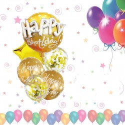 Set aranjament baloane Happy Birthday, 6 piese, folie latex, aurii
