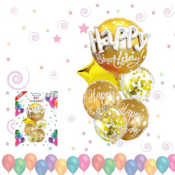 Set aranjament baloane Happy Birthday, 6 piese, folie latex, aurii
