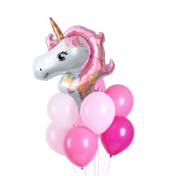 Set aranjament baloane Unicorn 45x67 cm, folie aluminiu si latex, kit 9 bucati