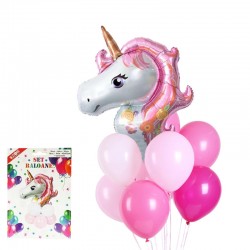 Set aranjament baloane Unicorn 45x67 cm, folie aluminiu si latex, kit 9 bucati