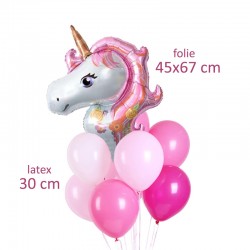 Set aranjament baloane Unicorn 45x67 cm, folie aluminiu si latex, kit 9 bucati