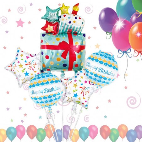 Aranjament 5 baloane folie Happy Birthday, forma cutie cadou, albastru