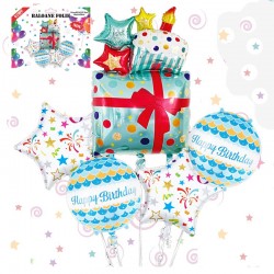 Aranjament 5 baloane folie Happy Birthday, forma cutie cadou, albastru