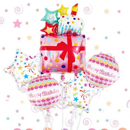 Aranjament baloane Happy Birthday, 5 piese folie aluminiu, roz