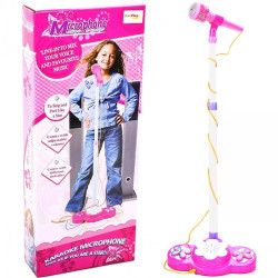 Microfon karaoke cu suport pentru copii, 18 cm, conectare MP3, plastic, roz