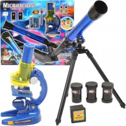 Microscop cu telescop pentru copii, accesorii incluse, marire 100x, 200x si 450x, plastic, albastru