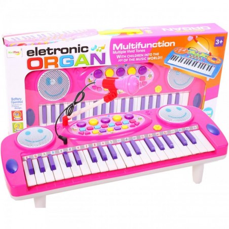 Orga electronica cu microfon pentru copii, lumini, picioare anti-alunecare, plastic, roz