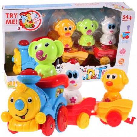 Trenulet interactiv pentru copii, emita sunete si lumini, imita animale, plastic, multicolor