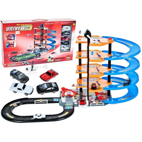 Parcare supraetajata pentru copii, 4 masinute incluse, lift mobil, tobogane, plastic, albastru