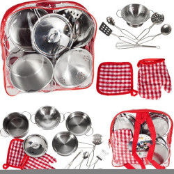 Set oale metalice de jucarie, oala, tigaie, strecuratoare, spatula, argintiu,