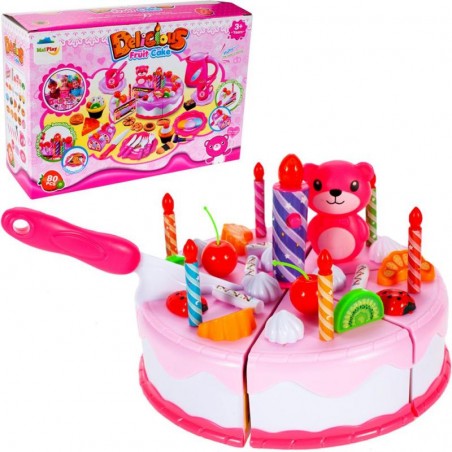 Tort aniversar de jucarie, accesorii incluse, 80buc, tort, cutit, cookie, plastic, multicolor