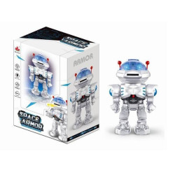 Robot interactiv cu telecomanda pentru copii, 12 discuri incluse, emite sunete si lumini, danseaza, merge, plastic, argintiu