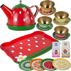 Set ceai pentru copii, 4 persoane, cani, farfurii, pahare, ulcior, metal, multicolor