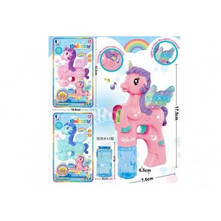Pistol baloane de sapun unicorn, emite sunete si lumini, 2 recipiepte lichid incluse, plastic, roz