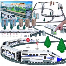 Set trenulet eletric cu sine, emite sunete, accesorii incluse, vagoane, locomotiva, copaci, tunel, plastic, alb