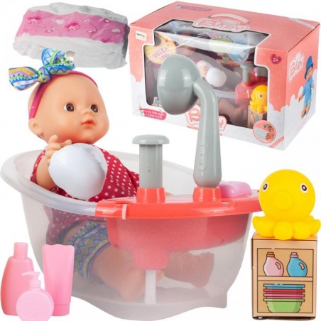 Cada baie de jucarie cu papusa pentru copii, accesorii incluse, sampon, scutec, 28 x 22 x 19 cm, plastic, multicolor