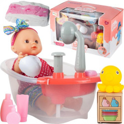 Cada baie de jucarie cu papusa pentru copii, accesorii incluse, sampon, scutec, 28 x 22 x 19 cm, plastic, multicolor
