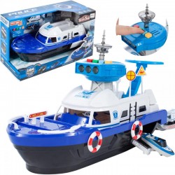 Barca de politie pentru copii, emite sunete si lumini, scooter si masinuta incluse, 20 x 17 x 68 cm, plastic, albastru