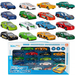 Set masinute curse de jucarie metal, 16 masinute incluse, 7,5 x 3 x 2,5 cm, multicolor