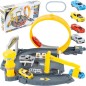 Circuit auto cu lansator, 4 masini incluse, macara, benzinarie, platforma, semafor, parcare, plastic, multicolor