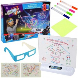 Plansa desen 3D pentru copii, suport LED, 3 panouri incluse, ochelari 3D, 4 pixuri, 16 x 5 x 14,5 cm, plastic, alb