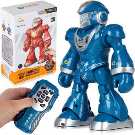 Robot interactiv cu telecomanda pentru copii, emite sunete si lumini, melodii, 18,5 x 9 x 23 cm, plastic, albastru