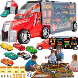 Set camion cu masinute/joc de societate, 6 masinute incluse, sine, bariere, zaruri, plastic, multicolor