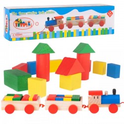 Trenulet feroviar pentru copii, 19 piese, locomotiva, vagon, forme geometrice, lemn, multicolor