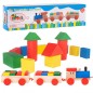 Trenulet de jucarie pentru copii, 19 piese, locomotiva, vagon, forme geometrice, lemn, multicolor