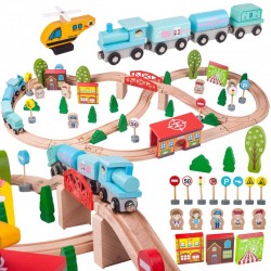 Trenulet cu cale ferata pentru copii, locomotiva, vagoane magnetice, elicopter, heliport, lemn, multicolor