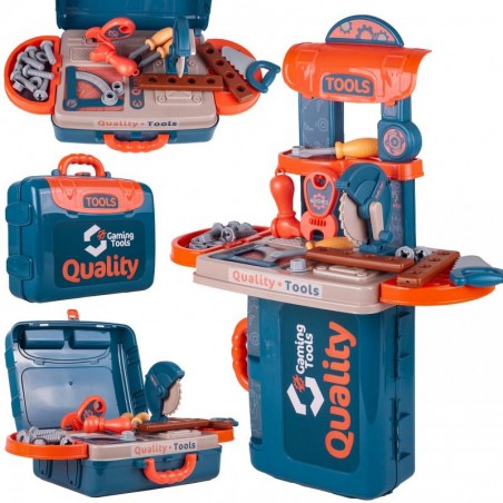 Atelier de lucru pentru copii 3 in 1, masa scule, surubelnita, suruburi, cheie, ciocan, plastic, albastru