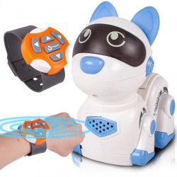 Catelus robot cu telecomanda tip ceas, efecte lumini si sunet, merge, latra, plastic, multicolor