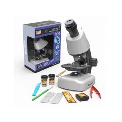 Microscop de jucarie, 3 lentile, 640x, efecte lumina, penseta, surubelnita, plastic, alb