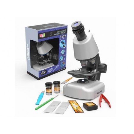Microscop de jucarie, 3 lentile, 640x, efecte lumina, penseta, surubelnita, plastic, alb