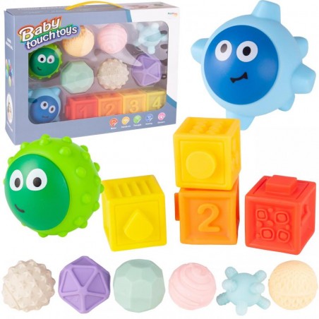 Set mingi bebelusi senzoriala, 12 mingi, forme geometrice, semne matematice, litere, cauciuc, multicolor