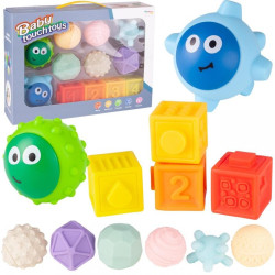 Set mingi bebelusi senzoriala, 12 mingi, forme geometrice, semne matematice, litere, cauciuc, multicolor