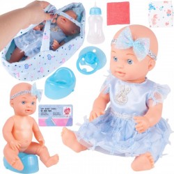 Papusa bebelus interactiva cu olita/marsupiu, accesorii incluse,  biberon, suzeta, scuted, card, plastic, albastru