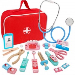 Trusa medicala pentru copii , accesorii incluse, otoscop, foarfece, ciocan, termometru, pastile, lemn, multicolor