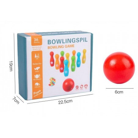 Joc bowling pentru copii, 10 popice, 9,5 cm x 3 cm, lemn, multicolor