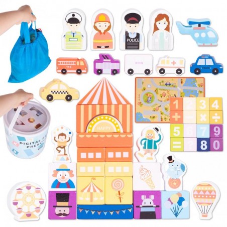 Set puzzle trafic rutier, 184 piese, cutie depozitare inclusa, 6 masinute incluse, elicopter, lemn, multicolor