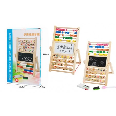 Tabla educativa 2 in 1 cu abac, cifre, litere, animale, stilou, burete, creta, 33 x 24 cm, multicolor