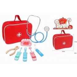 Trusa stomatologie tip borseta pentru copii, stetoscop, pense, periuta dinti, oglinda, lemn, multicolor