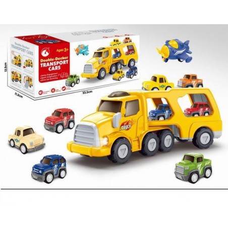 Camion remorcare pentru copii, efecte sunete si lumini, masinute incluse, avion, plastic, galben