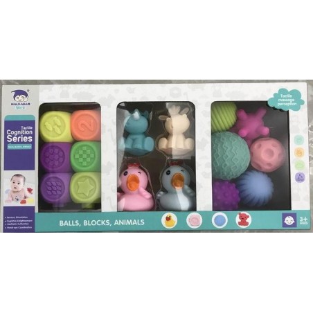 Set cuburi senzoriale pentru copii, 16 piese, forme geometrice, cifre, semne matematice, cauciuc, 5 x 5 x 5 cm, multicolor