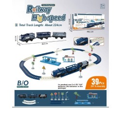 Circuit feroviar cu trenulet, indicatoare rutiere, peron, benzinarie, plastic, albastru