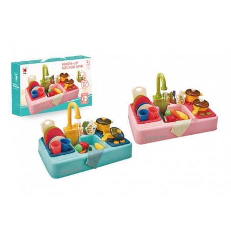 Set chiuveta/ustensile bucatarie pentru copii, oala, plita, cesti, farfurii, lingura, 43,5 x 27 x 7 cm, plastic, multicolor